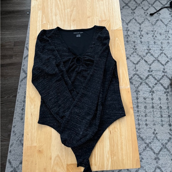 American Eagle Black and silver glitter long sleeve tie bodysuit - Picture 1 of 1